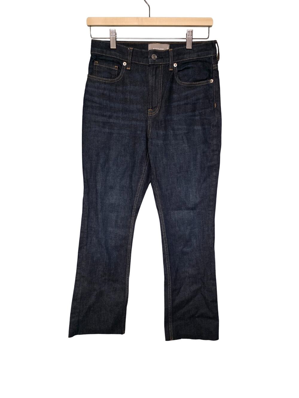 Everlane Womens 27 High Rise Flare Jeans Dark Raw Hem Denim Minimalist Classic